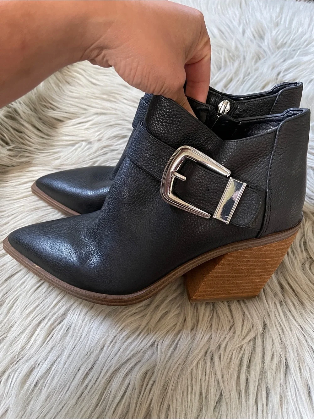 Vince Camuto Black Leather Buckle Ankle Booties